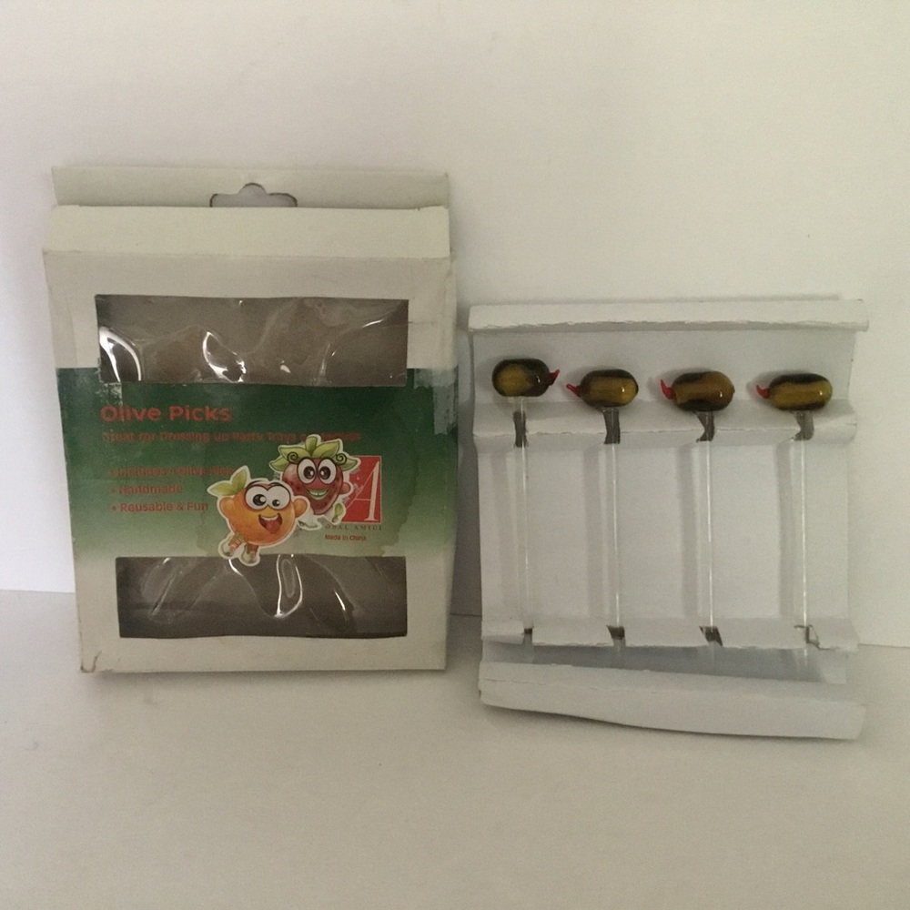 Olive picks in glass. Set of 4. New